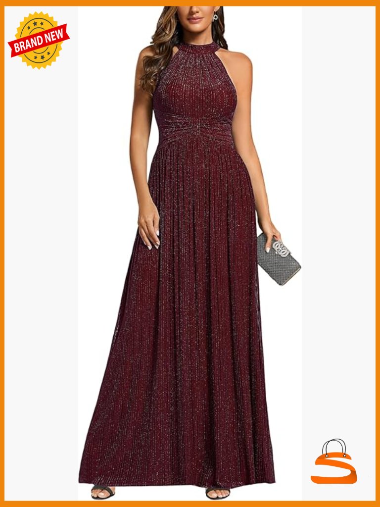 Glitter Halter Sleeveless Floor-Length A-Line Formal Dress